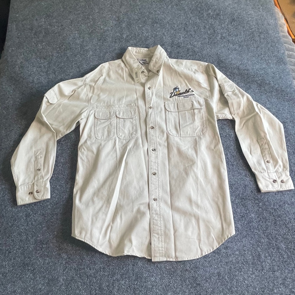 Disney Donald Duck Freshwater Fishing Tours Khaki Button Up Shirt Mens Med NEW